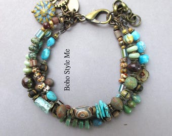 Handmade Turquoise Beaded Bracelet, Green Artisan Bracelet, Rustic Unique Earthy, Boho Style Me