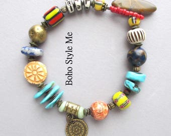 Handmade Gemstone Boho Bracelet, Turquoise, Jasper, Goldstone