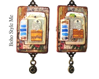 Handcrafted Collage Earrings, Finished Junk Journal Page, Unique Wearable Art Jewelry, Boho Style Me