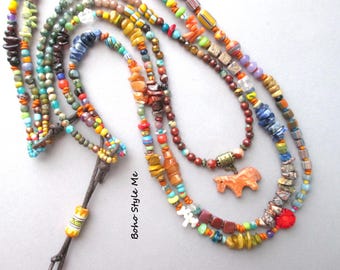 Original Colorful Artisan Beaded Gemstone Pendant Necklace, Handmade Horse Lover Jewelry