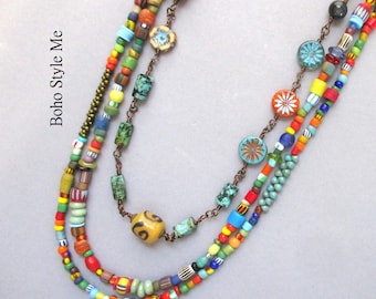 Handcrafted Colorful Beaded Chain Necklace, Artisan Layer Necklace, Modern Boho Hippie Vibes
