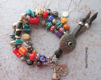 Boho Style Me Colorful Global Chic Beaded Tribal Bracelet, BohoStyleMe, Bohemian Fashion Jewelry, Handmade Leather Button Bracelet