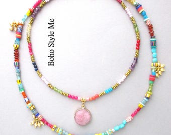 Handmade Multi Gemstone Artisan Necklace, Colorful Beaded Bohemian Jewelry, Boho Style Me
