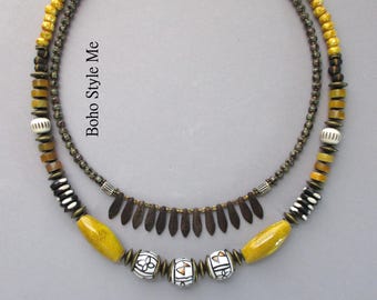 Boho Tribal Style Choker Necklace, Unique Beaded Artisan Statement Necklace, Mustard Yellow