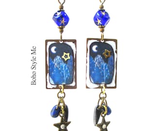 Handmade Beaded Artisan Collage Assemblage Earrings, Blue Starry Night Sky, Boho Style Me