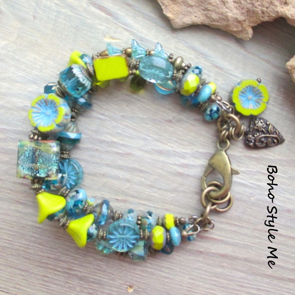 Colorful Gardens, Boho Style Me, Teal and Apple Green Beaded Layer Bracelet, BohoStyleMe, Handmade Modern Hippie Chic Flower Bracelet