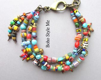 Artisan Turquoise Beaded Bracelet with Leather, Colorful Handmade Original Unique OOAK Jewelry, Boho Style Me