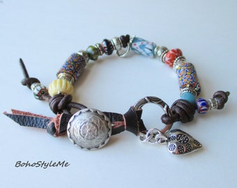 Boho Hippie Independent Spirit Colorful Beaded Global Chic Bracelet, BohoStyleMe, Venetian Millefiori African Trade Beads