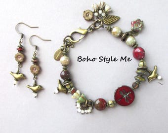 Handmade Beaded Secret Garden Bracelet with Flower Earrings, Jewelry Set, Nature Inspired Woodland Dragonfly Jewelry