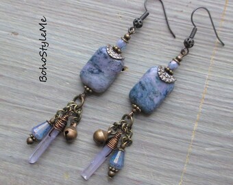 Boho Style Me Blue Lavender Gemstone Beaded Dangle Earrings, BohoStyleMe, Handmade Artisan Earrings, Modern Hippie Jewelry