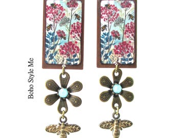 Wildflowers and Honey Bees, Artisan Nature Earrings, Handmade Dangle Earrings, Boho Style Me