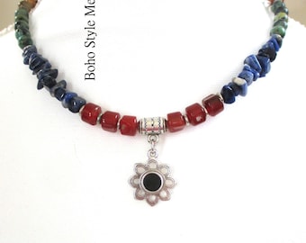 Rustic Gemstone Artisan Choker Necklace, Earthy Natural Colors, Silver and Stone Necklace, Boho Style Me