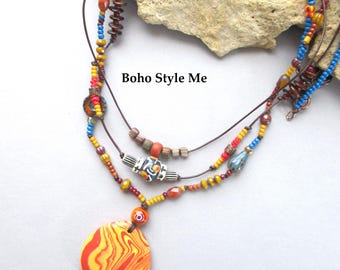 Original Colorful Artisan Beaded Rosarita Slag Glass Pendant Necklace, Handmade Boho Hippie Jewelry
