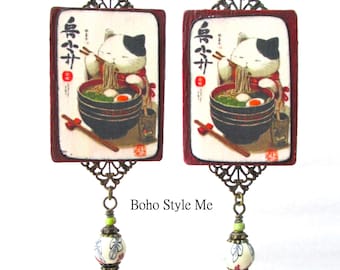 Handcrafted Dangle Collage Earrings, Whimsical Japanese Ramen Cat Print, Gift for Her, Boho Style Me