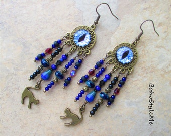 Fun Whimsical Boho Halloween Earrings Beaded Blue Cat Eyes Original Handmade Earrings, BohoStyleMe, Modern Hippie Earrings