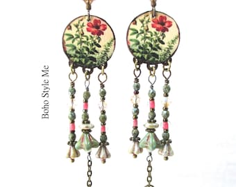 Artisan Vintage Ruby Rose Print Earrings, Repurposed Tin Style Romantic Earrings, BohoStyleMe