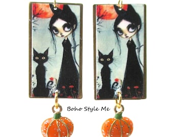 Funky Fun Black Cat Halloween Earrings in Gold, Handmade Enamel Charm Earrings