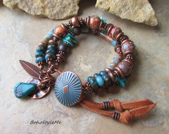 Boho Western Gemstone Copper Button Bracelet, Rustic Beaded Designer Artisan Bracelet, BohoStyleMe, Modern Hippie