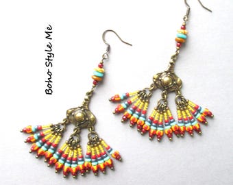 Boho Beaded Dangle Earrings: Tribal Artisan Brass Jewelry, Boho Style Me