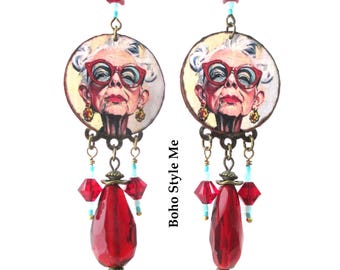 Big Red Statement Earrings with Iconic Designer Portrait Graphics, Bold Boho Beaded Jewelry