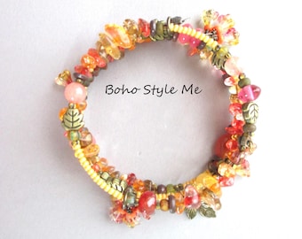 Fall Wedding Gift Jewelry, Handmade Autumn Memory Wire Beaded Stack Bracelet, Gemstone Bracelet