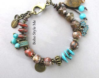 Handmade Chunky Beaded Leopardskin Jasper Bracelet, Original Artisan Santa Fe Style Jewelry, Boho Style Me