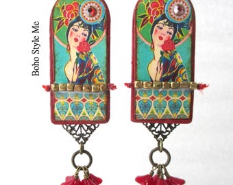 Handcrafted Spanish Dancer Portrait Dangle Earrings, Boho Statement Jewelry, Antique Brass Findings