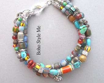 Turquoise Colorful Beaded Bracelet, Handmade Boho Artisan Jewelry