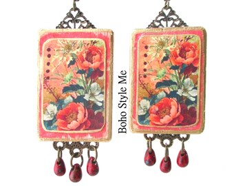 Handcrafted Collage Earrings, Floral Art Prints, Unique OOAK Wearable Art Jewelry, Boho Style Me
