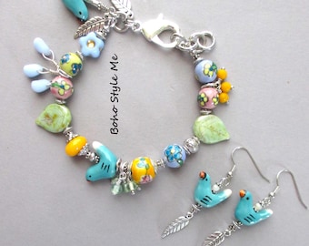 Handmade Colorful Beaded Floral Garden Bracelet with Earrings, Whimsical Nature Inspired Jewelry