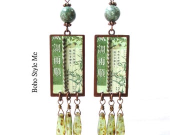 Handcrafted Collage Earrings, Asian Art Prints, Unique OOAK Wearable Art Jewelry, Boho Style Me