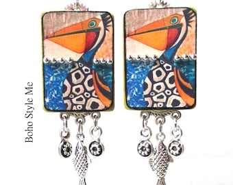 Handcrafted Whimsical Collage Earrings, Abstract Pelican Portrait Art Prints, Handmade Jewelry, Boho Style Me
