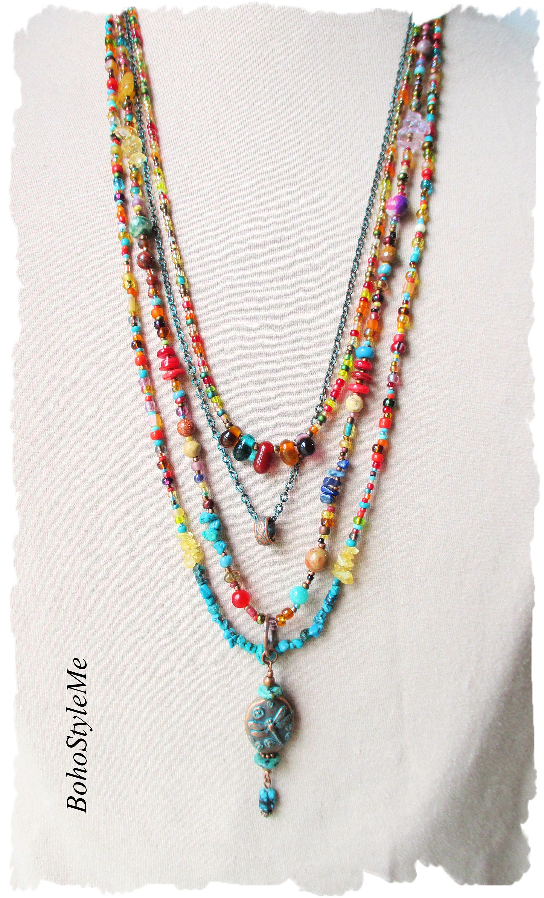 Mixed Gemstone Bohemian Necklace Long Layered Dragonfly Necklace Colorful Beaded Boho Hippie Jewelry Bohostyleme