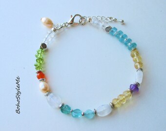 Boho Colorful Mixed Gemstone Beaded Bracelet, Bohemian Jewelry, BohoStyleMe, Modern Hippie Global Chic Jewelry