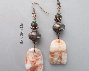 Handcrafted Rustic Stone Earrings, Red Vein Jasper with Antiqued Copper, Boho Style Me Jewelry