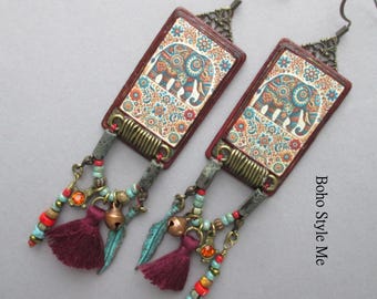 Bohemian Elephant Artisan Statement Earrings, Unique Handmade Beaded Jewelry, Boho Style Me