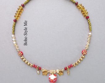 Handmade Charm Choker Necklace: Beaded Artisan Jewelry with Happy Cat, Boho Style Me