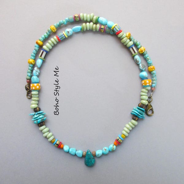 Turquoise & Colorful Tribal Bead Necklace: Handmade Artisan Jewelry, Boho Style Me