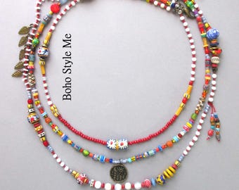 Handmade Long Colorful Boho Beaded Necklace, Unique Bohemian Jewelry, Hand Knotted