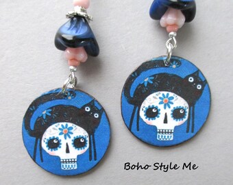 Whimsical Black Cat and Sugar Skull Earrings, Funky Fun Boho Halloween Party Jewelry, Halloween Gift