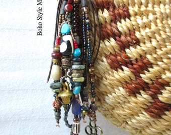Handmade Boho Tassel Purse Charm | Leather Tribal Beaded Keychain | Beaded Bag Accessory Gift