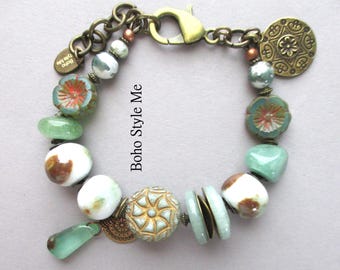 Handmade Gemstone Beaded Bracelet, Peaceful Green Stones, Jewelry Gift for Her, Boho Style Me