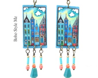 Handpainted Waterfront Homes Whimsical Art Earrings, Handmade Fun Funky Earrings, Boho Style Me
