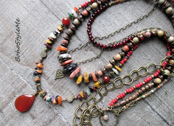 Boho Gemstone Necklace Long Beaded Modern Hippie Necklace Bohemian Jewelry Bohostyleme Mixed Colors Boho Fashion Etsy