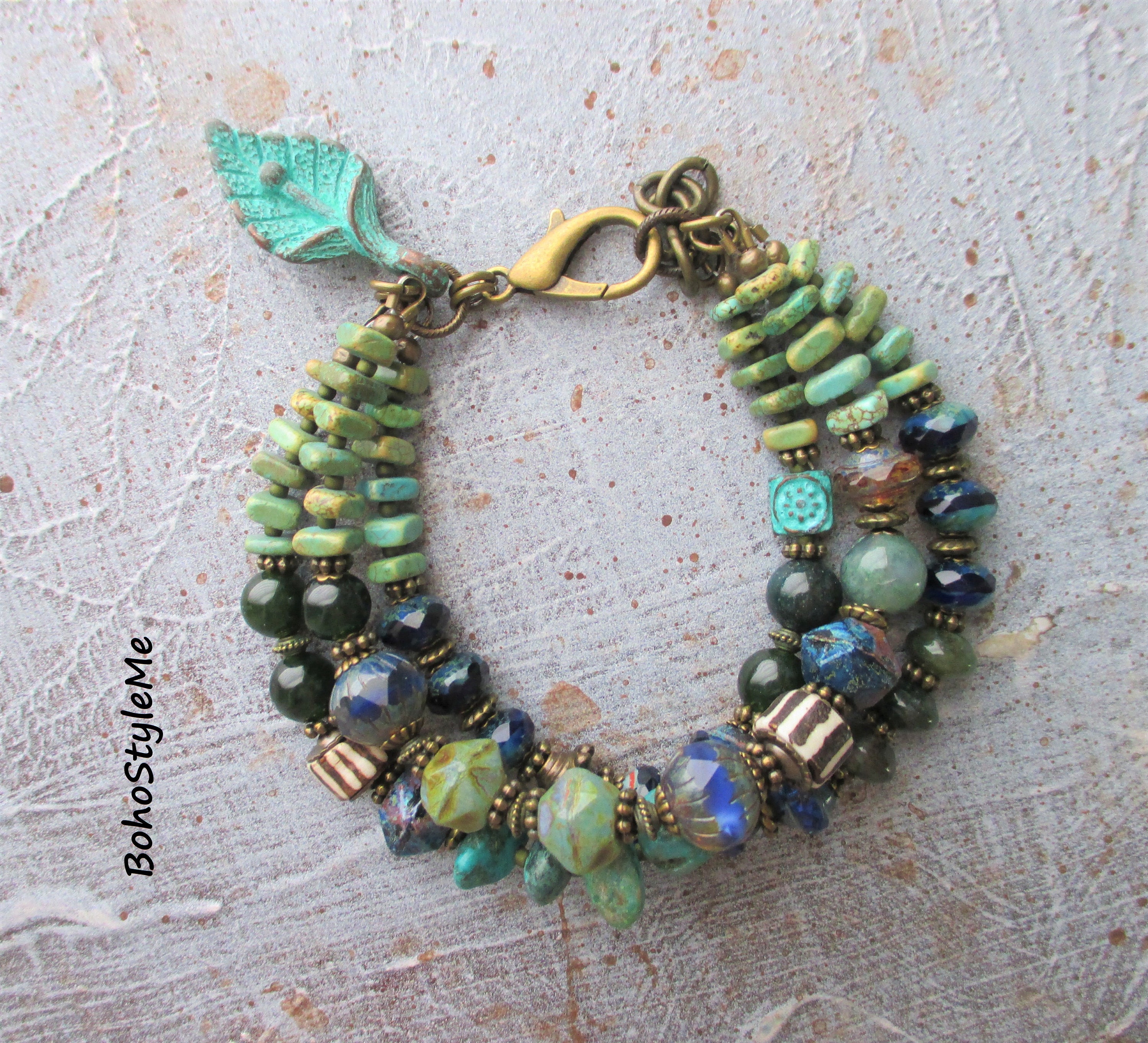 Me Blue and Green Beaded Leaf Nature Bracelet, BohoStyleMe, Bohemian Jewelry, Rustic Earthy Colors