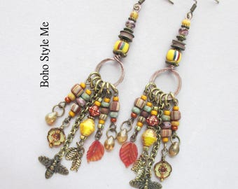 Rustic Beaded Dangle Bee Earrings, Handmade Artisan Jewelry, Boho Style Me