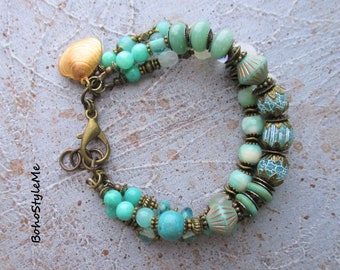 Boho Style Me Sea Green Handmade Gemstone Beaded Bracelet, BohoStyleMe, Gold Sea Shell, Modern Hippie Chic Bracelet