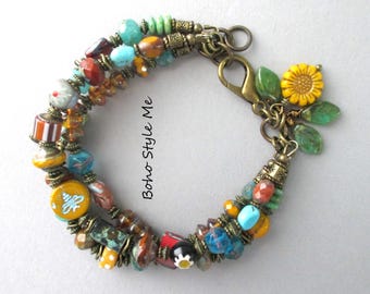 Artisan Beaded Sunflower Bracelet: Turquoise, Chevron & Picasso Glass, Boho Style Me