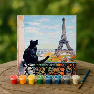 Paris Eiffel Tower Paint by Numbers Kit with Black Cat, Romantic DIY Art Set, Scenic Painting Kit for Adults, Relaxing Paris Gift Idea