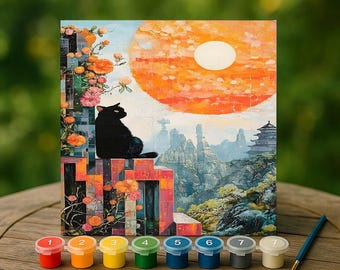 Sunset Cat Paint By Numbers Kit, Oriental Landscape DIY Canvas Painting, Relaxing Zen Art Gift, Creative Cat Lover Home Decor Wall Art